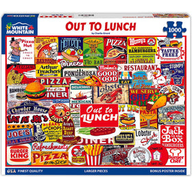 White Mountain Out to Lunch puzzle box featuring retro diner signage for family fun