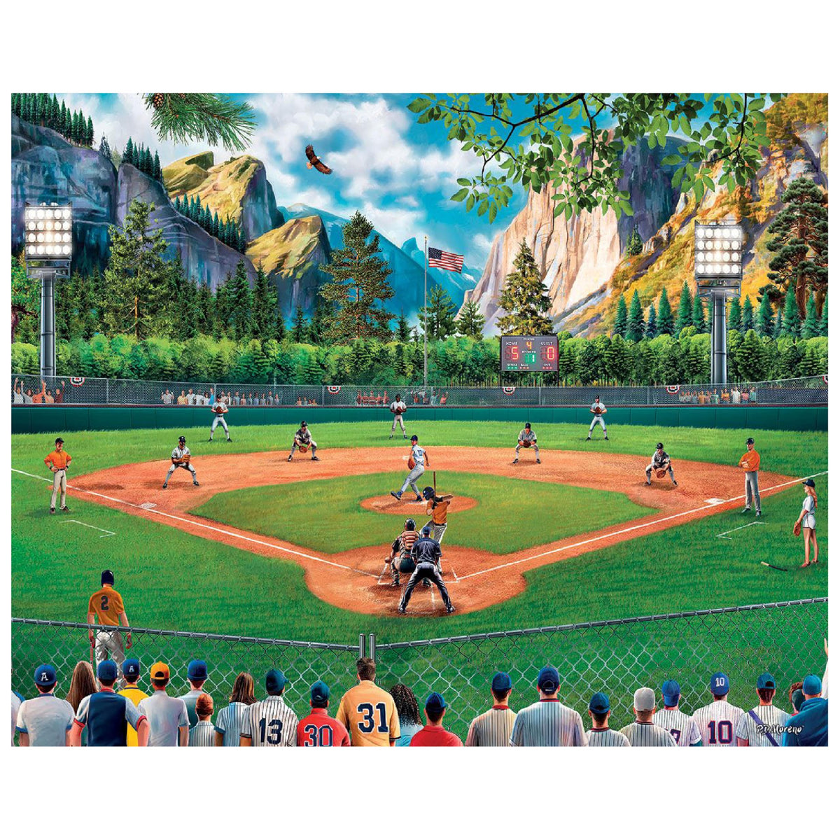 White Mountain P D Moreno artwork featuring baseball and nature for inspiring puzzle time.