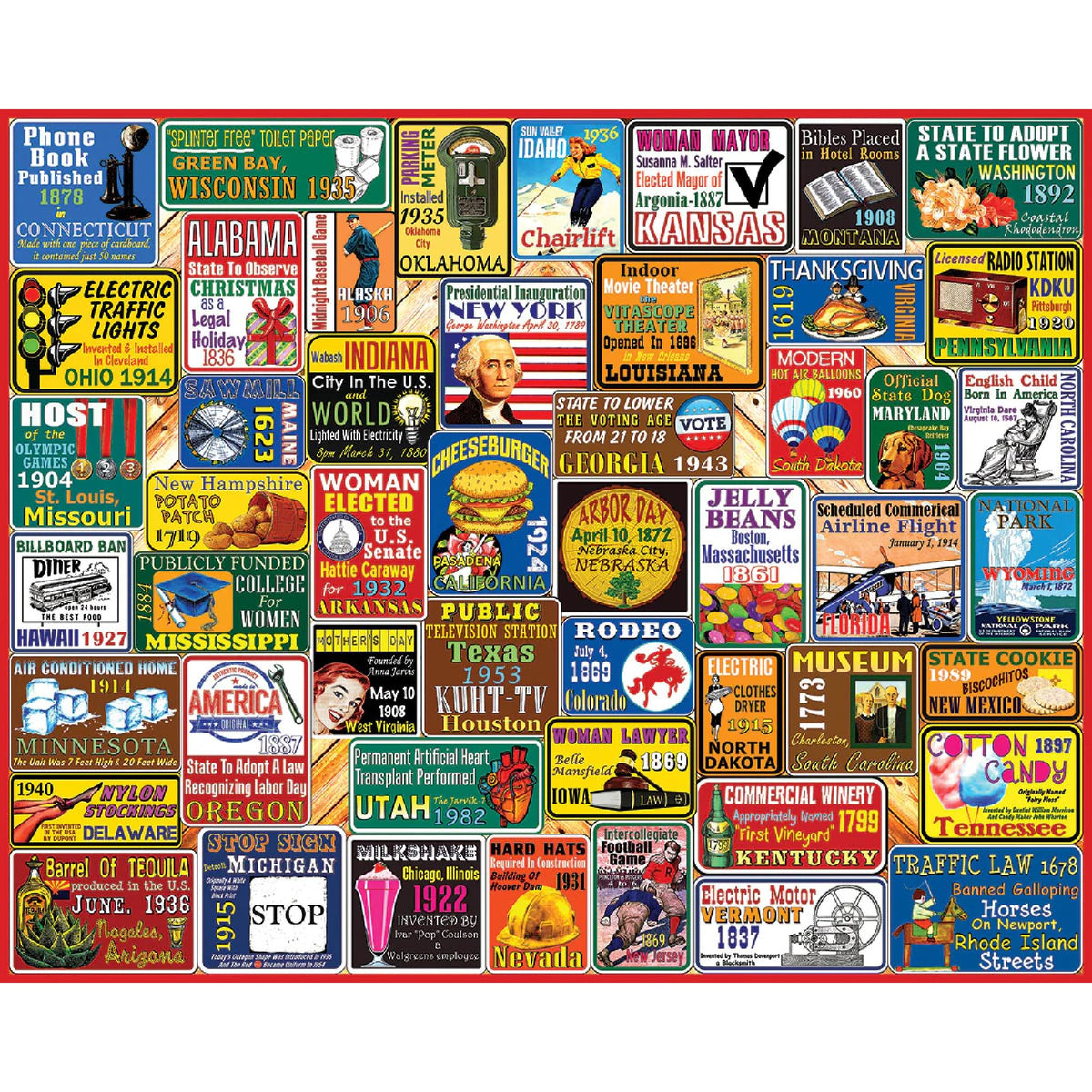 White Mountain patriotic icons collage cover puzzle with vibrant colors for family bonding.