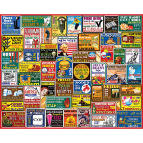 White Mountain patriotic icons collage cover puzzle with vibrant colors for family bonding.