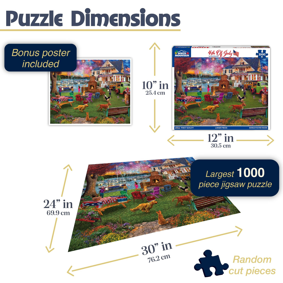 White Mountain patriotic puzzle pieces closeup, easy grip for relaxed assembling.