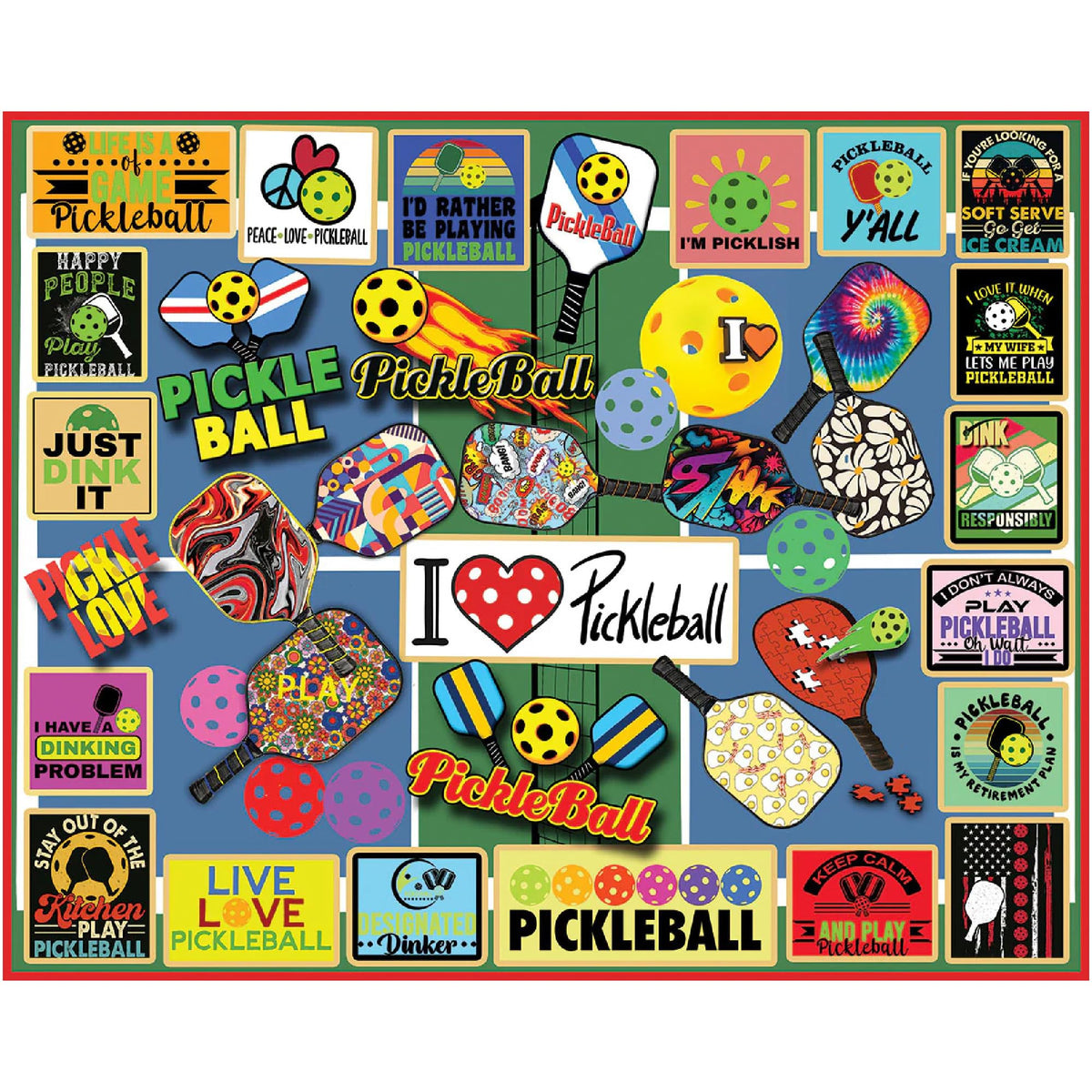 White Mountain pickleball collage puzzle with vibrant designs for family fun and game night