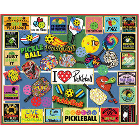 White Mountain pickleball collage puzzle with vibrant designs for family fun and game night