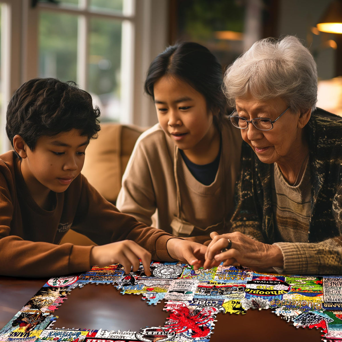 White Mountain pine forests collage evokes nostalgia and conversation during puzzle time.