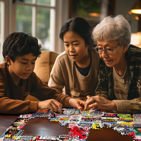 White Mountain pine forests collage evokes nostalgia and conversation during puzzle time.