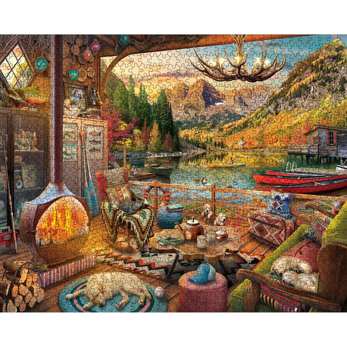 White Mountain puppies near the crackling fire puzzle: comforting, nostalgic play.