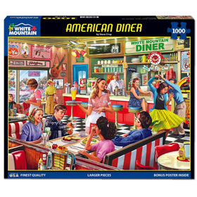 White Mountain puzzle featuring 1950s retro cafe artwork for nostalgic relaxation.