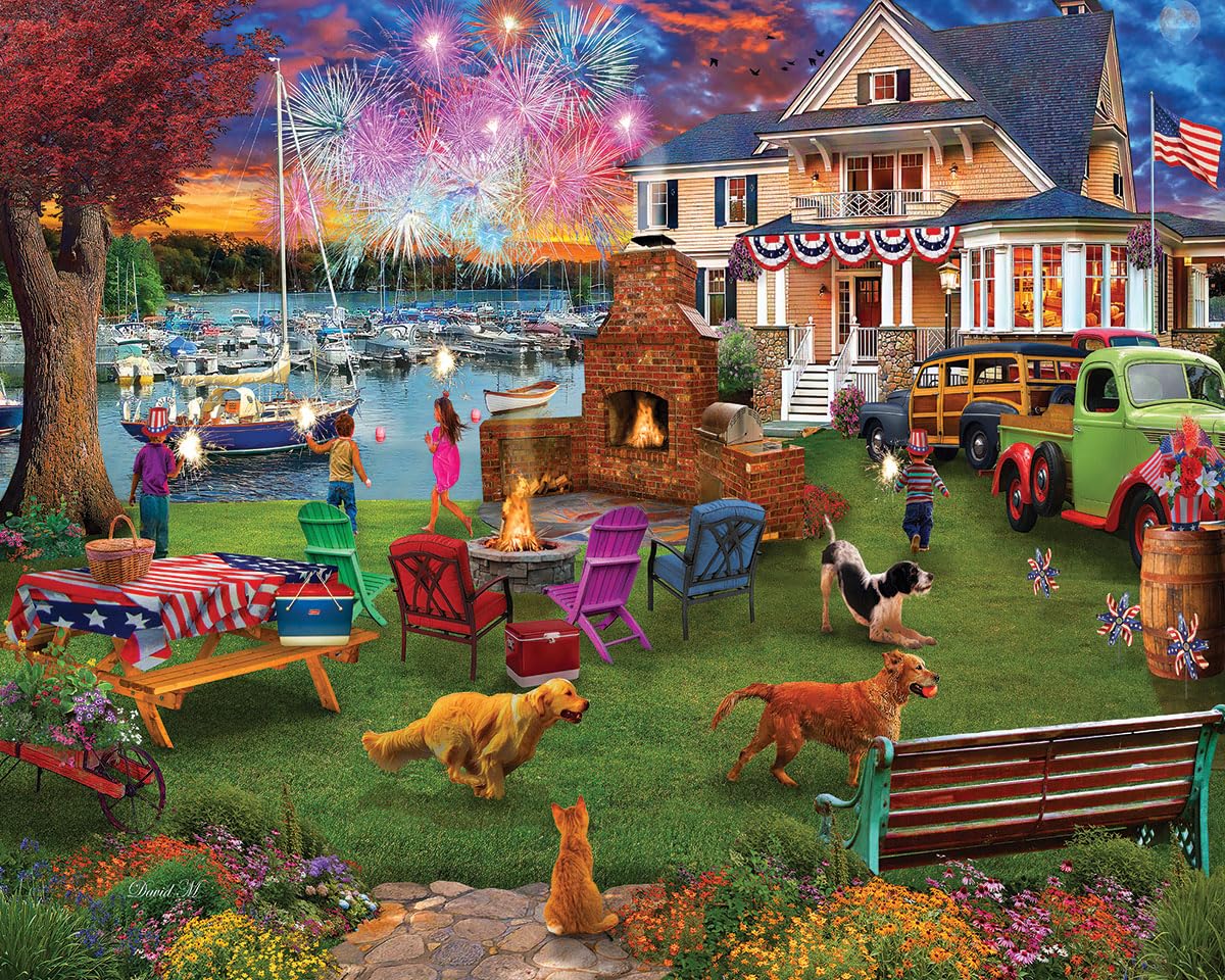 White Mountain lakeside fireworks puzzle assembly under bright summer skies.