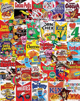 White Mountain Puzzles cereal boxes 1000pc puzzle showcases nostalgic packaging for family evenings
