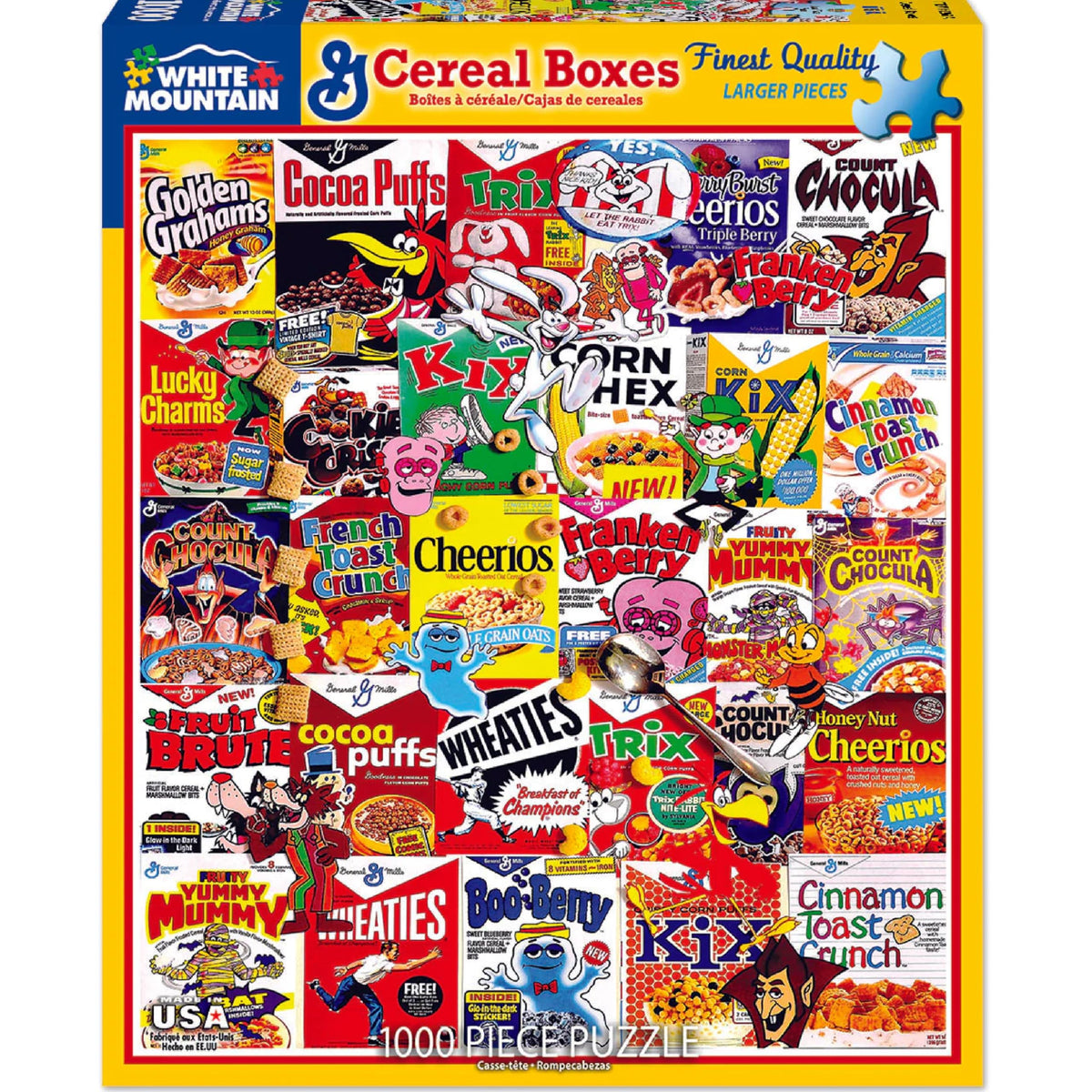 White Mountain Puzzles cereal box illustration by James Mellett for bold nostalgic scenes