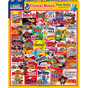 White Mountain Puzzles cereal box illustration by James Mellett for bold nostalgic scenes