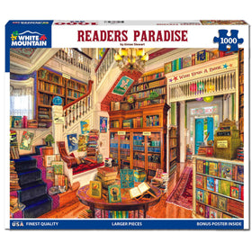 White Mountain Readers Paradise puzzle cover art inspires cozy evenings and family fun.