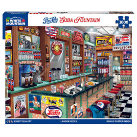 White Mountain retro soda shop diner puzzle with vintage signage and vibrant colors.