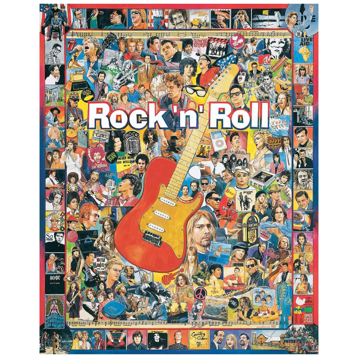 White Mountain Rock 'N Roll puzzle box art featuring iconic rock legends for nostalgic appeal.