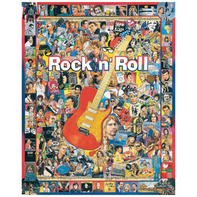 White Mountain Rock 'N Roll puzzle box art featuring iconic rock legends for nostalgic appeal.