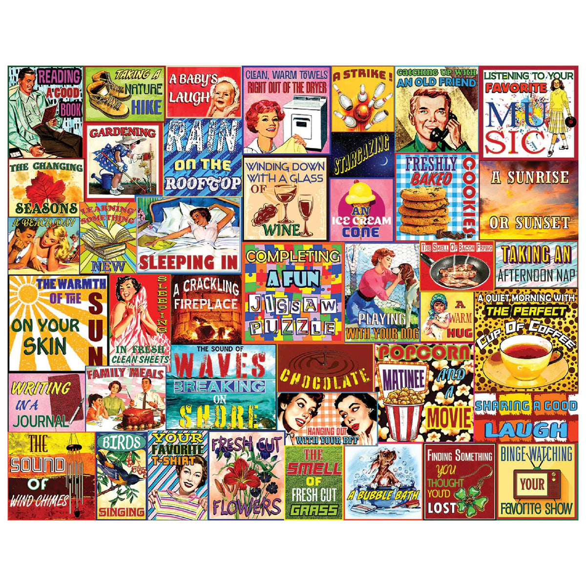 White Mountain Simple Pleasures box front with vibrant nostalgic collage for cozy evenings.