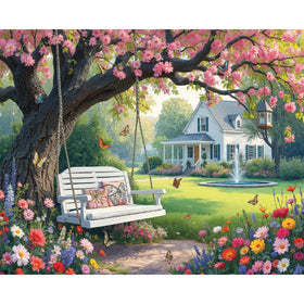 White Mountain 1000-piece Under Pink Blooms spring garden blossom scene for family night.