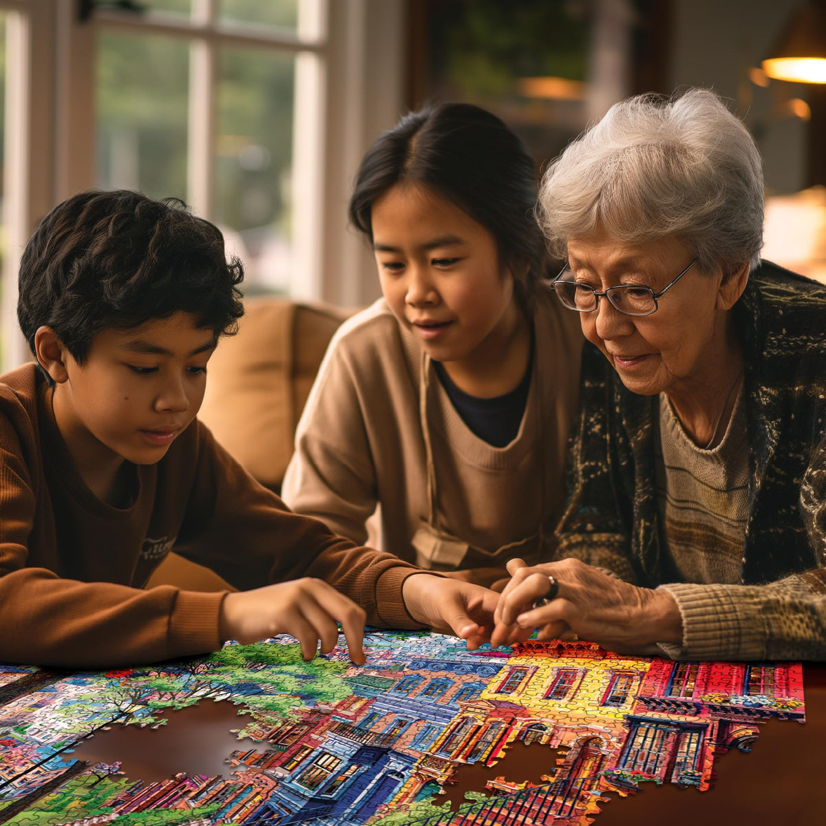 White Mountain Spring in the City puzzle captures a vibrant, cozy vibe for shared puzzles