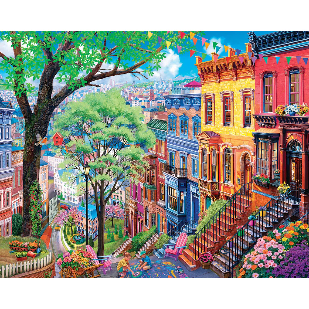 White Mountain Spring in the City puzzle shows row houses, ideal for a cozy family activity