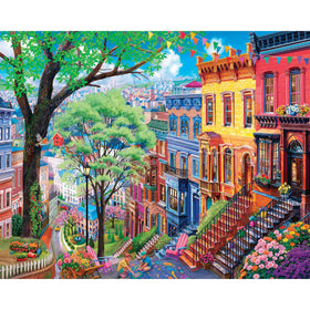 White Mountain Spring in the City puzzle shows row houses, ideal for a cozy family activity