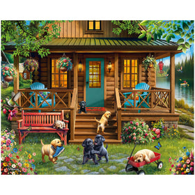 White Mountain spring lake cabin puzzle shows large 1000 pieces for relaxed family activity.