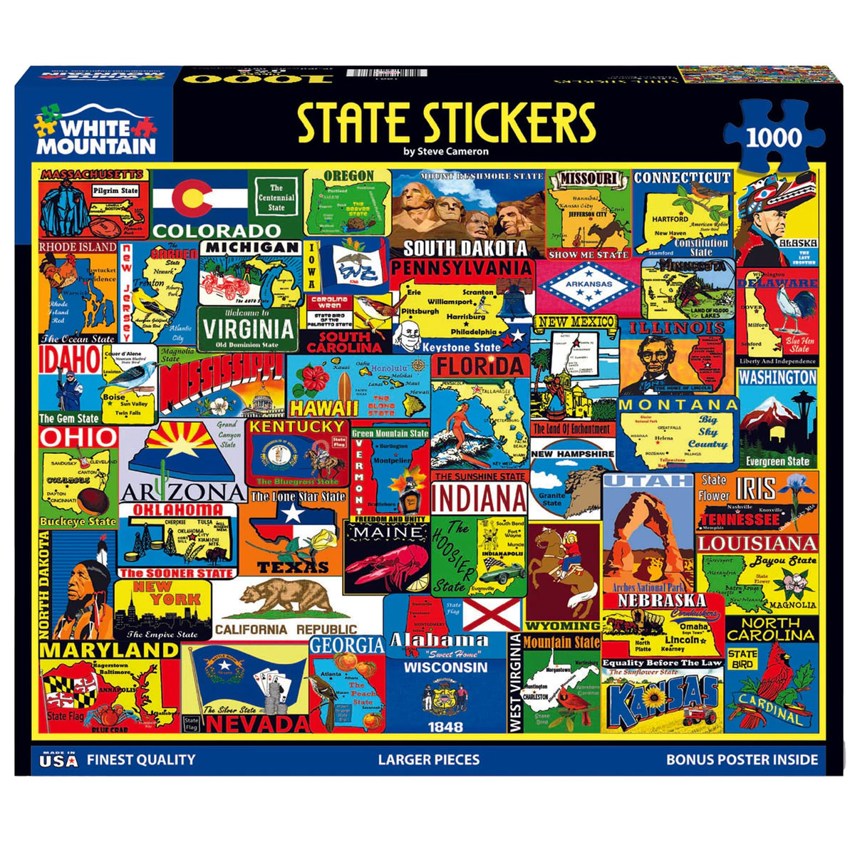 White Mountain state travel stickers design on puzzle surface sparks memories