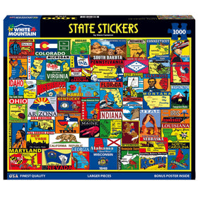 White Mountain state travel stickers design on puzzle surface sparks memories