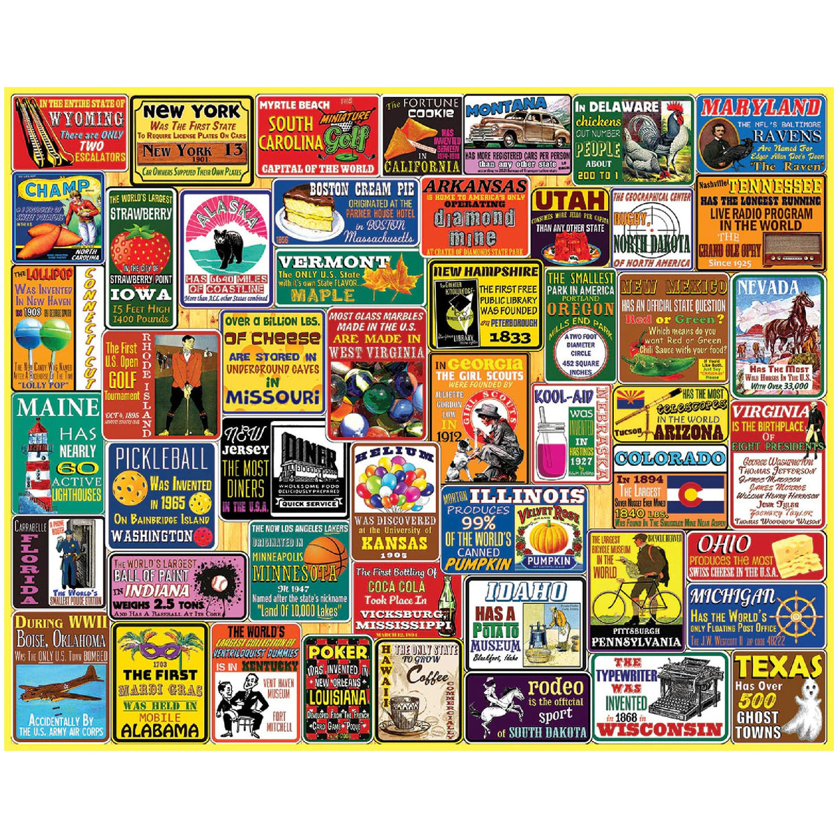 White Mountain state-trivia-puzzle-1000pc shows bold state collage and fun facts for family game night.