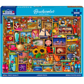 White Mountain Beach Comber puzzle box with vibrant coastal collage for family game night