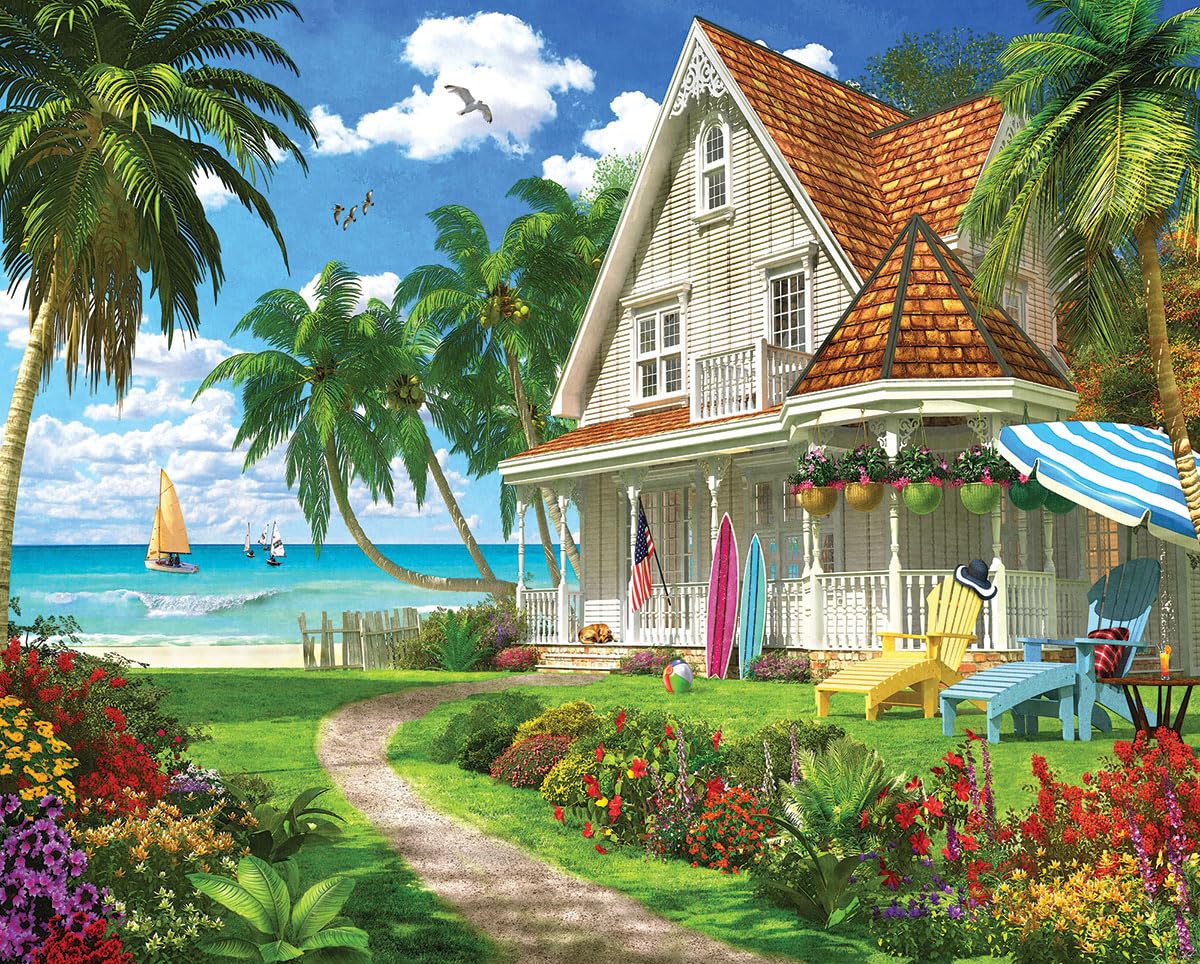 White Mountain Summer Ocean Beach Scene 1000pc puzzle offers relaxing coastal vibes for family evenings