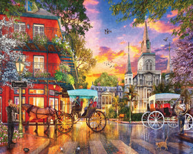 White Mountain sunset New Orleans puzzle 1000pc — cozy family night activity with city skyline and sunset glow.