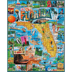 Close-up of James Mellett art with Florida landmarks.