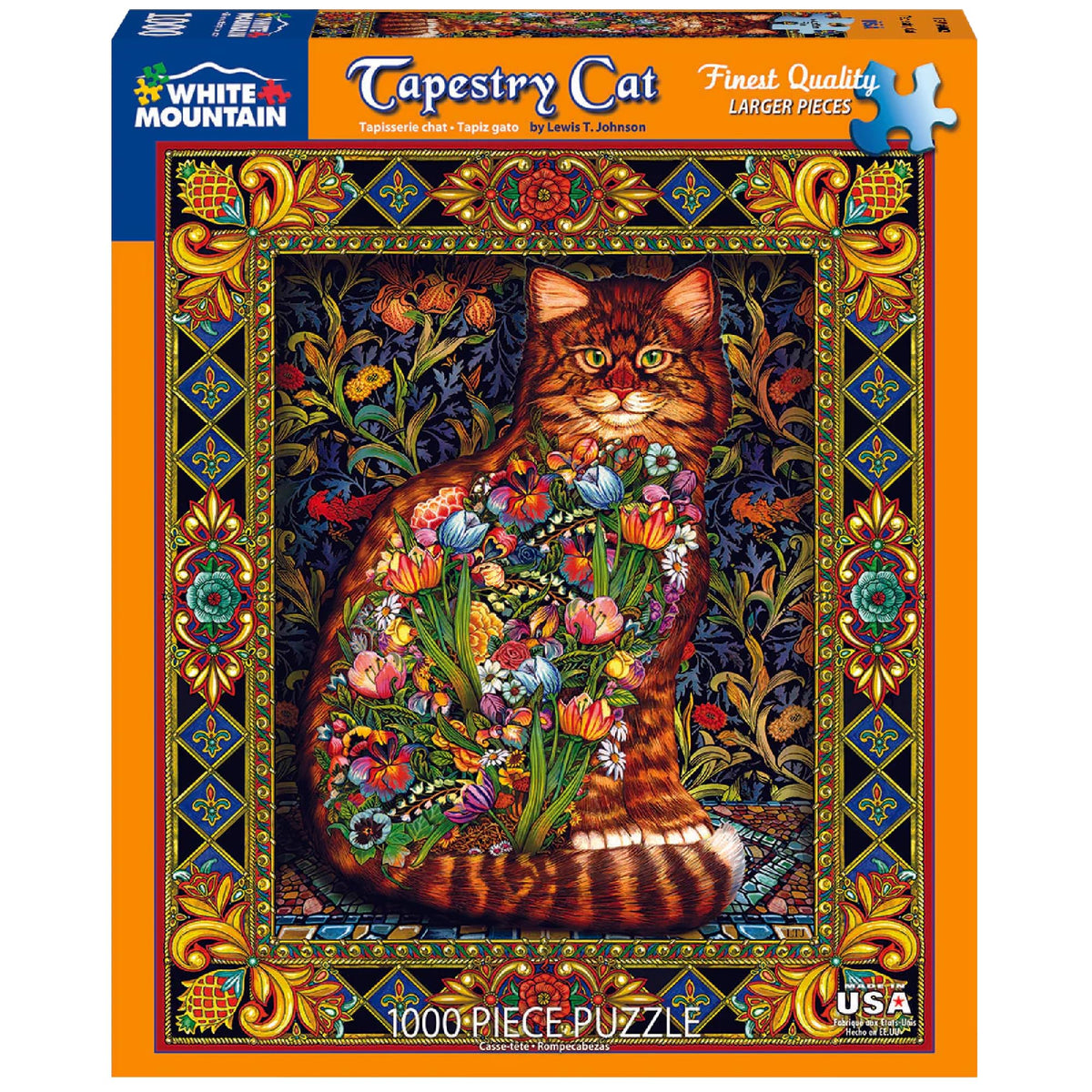 White Mountain Puzzles Tapestry Cat pieces spread—rich colors for family bonding.
