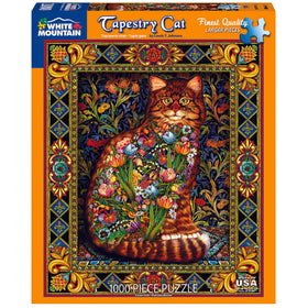 White Mountain Puzzles Tapestry Cat pieces spread—rich colors for family bonding.