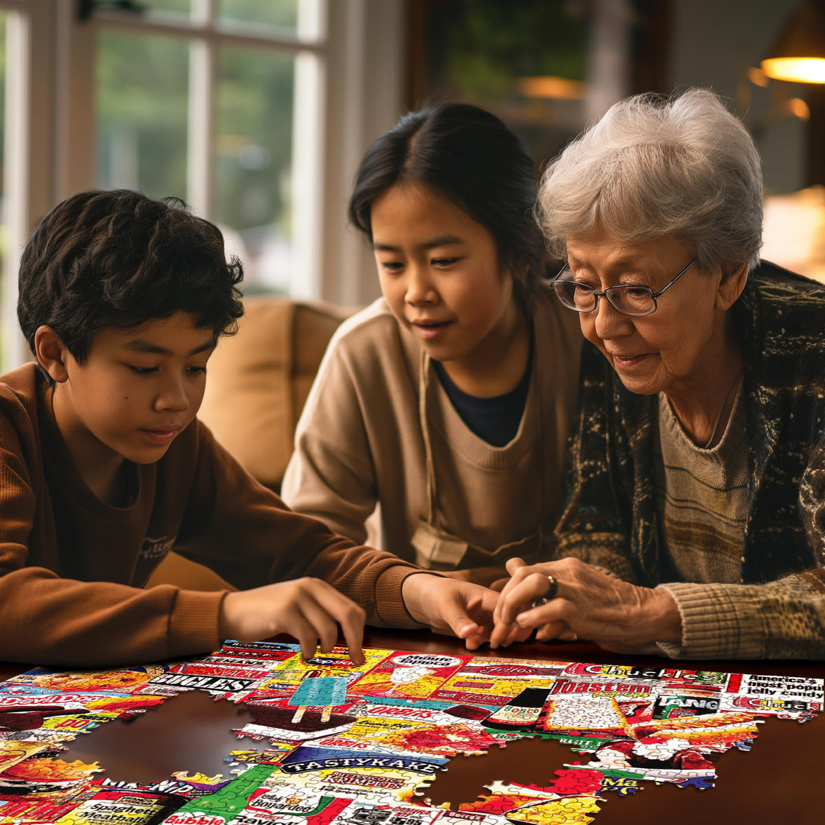 White Mountain Things I Ate As A Kid family assembly shows group solving the vibrant scene.