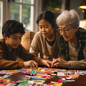 White Mountain Things I Ate As A Kid family assembly shows group solving the vibrant scene.