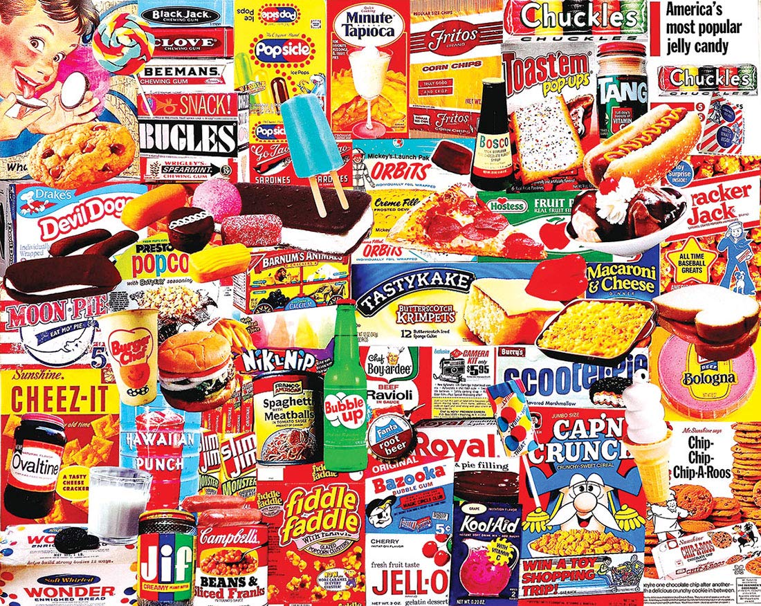 White Mountain Things I Ate As A Kid puzzle cover showcases vibrant retro treats for nostalgia lovers.