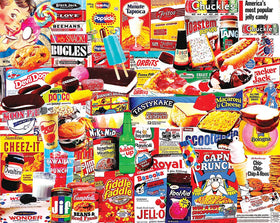 White Mountain Things I Ate As A Kid puzzle cover showcases vibrant retro treats for nostalgia lovers.