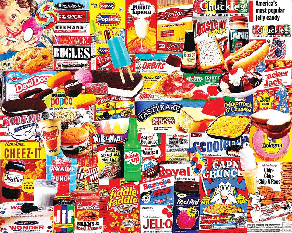 White Mountain Things I Ate As A Kid puzzle cover showcases vibrant retro treats for nostalgia lovers.