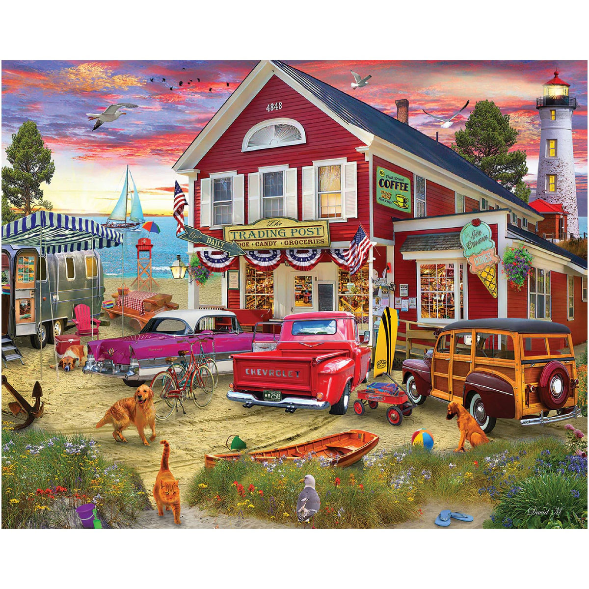 White Mountain Trading Post 1000-piece puzzle with coastal storefront for family game night.