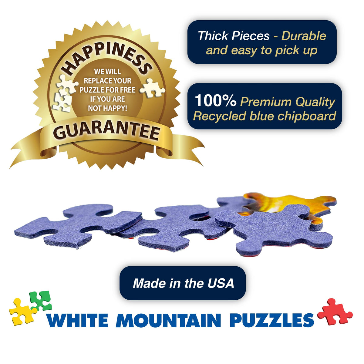 White Mountain USA-manufactured happiness guarantee badge highlights quality