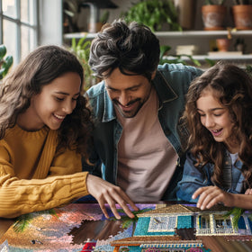 White Mountain vibrant hues puzzle image emphasizes lively colors for engaging family time.
