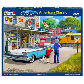 White Mountain 1000-piece puzzle cover with vintage car scene for family bonding
