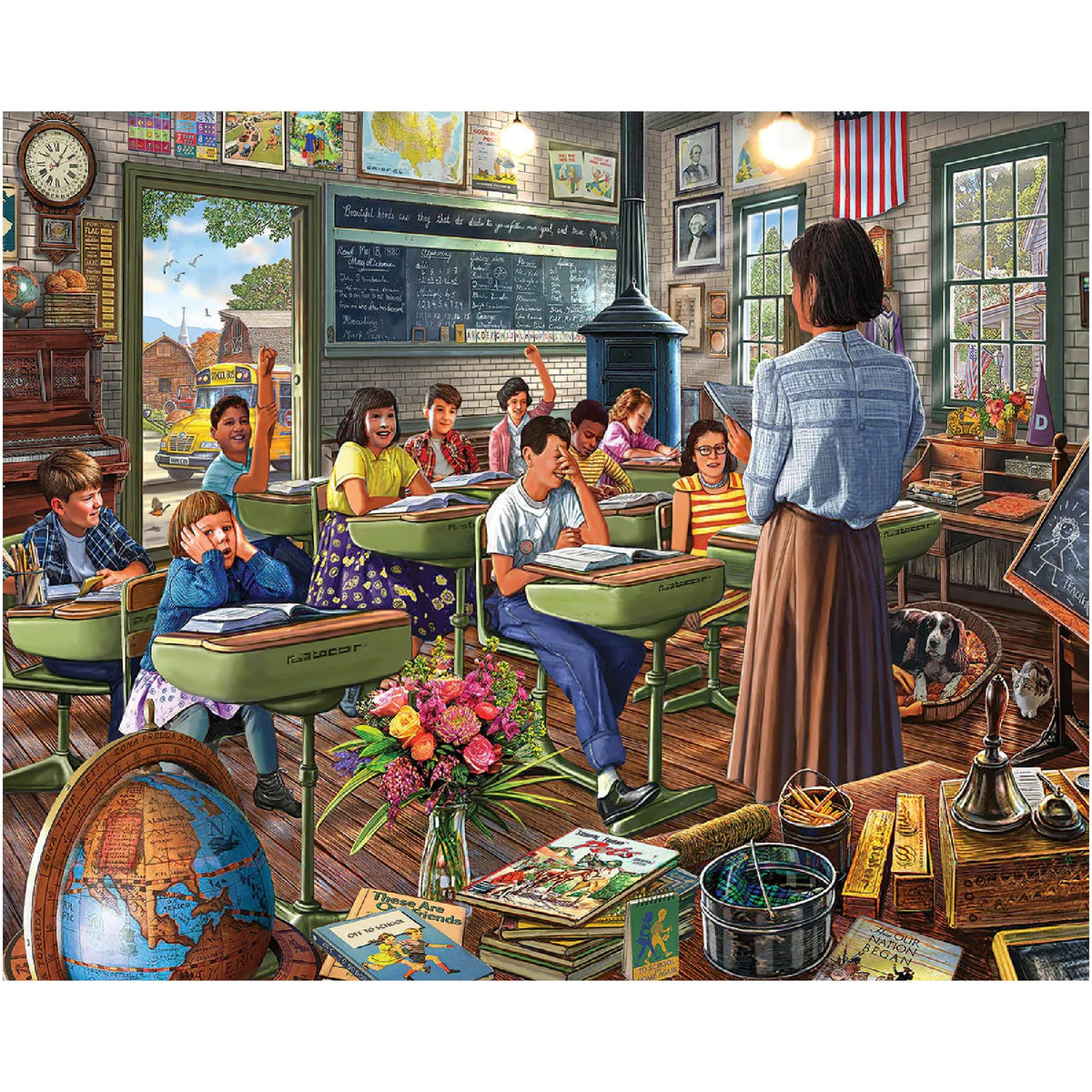 White Mountain vintage classroom puzzle box, nostalgic classroom design for family evenings.