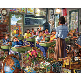 White Mountain vintage classroom puzzle box, nostalgic classroom design for family evenings.
