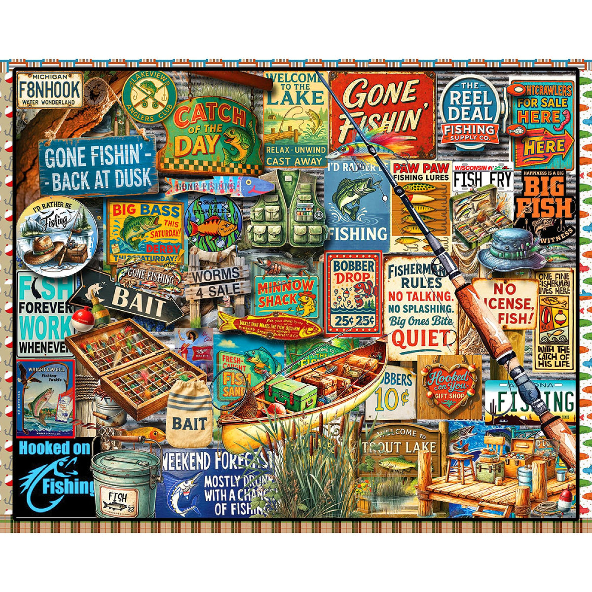 White Mountain vintage fishing signs collage puzzle artwork for family fun and nostalgic decor