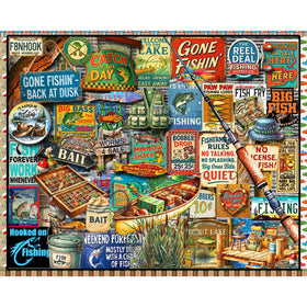 White Mountain vintage fishing signs collage puzzle artwork for family fun and nostalgic decor