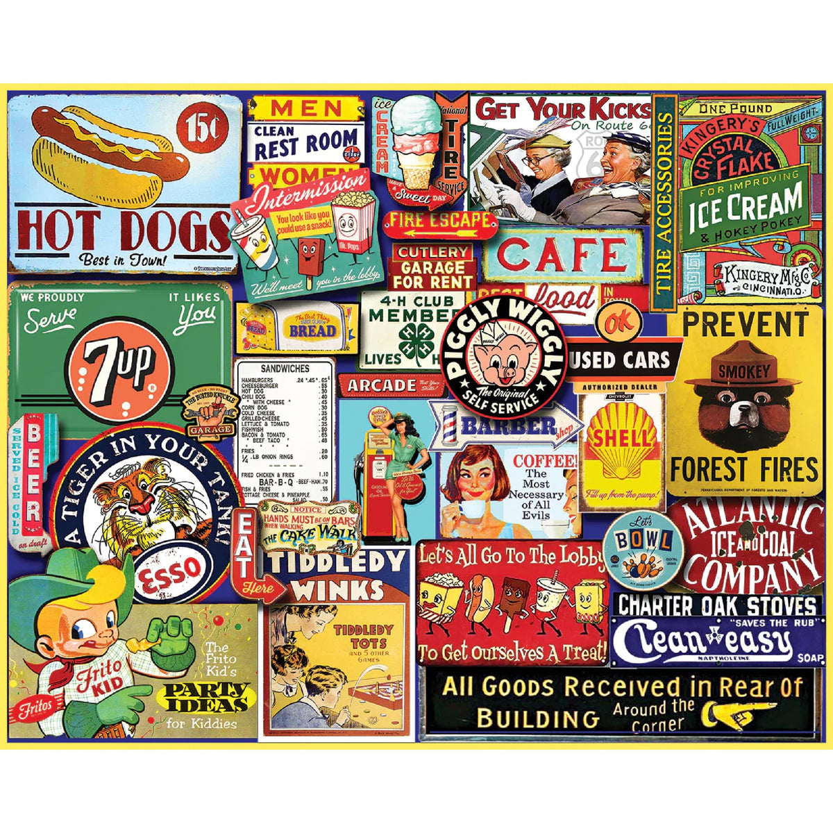 White Mountain Vintage Sign Collage puzzle featuring retro diner signs for family game nights.