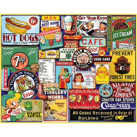 White Mountain Vintage Sign Collage puzzle featuring retro diner signs for family game nights.