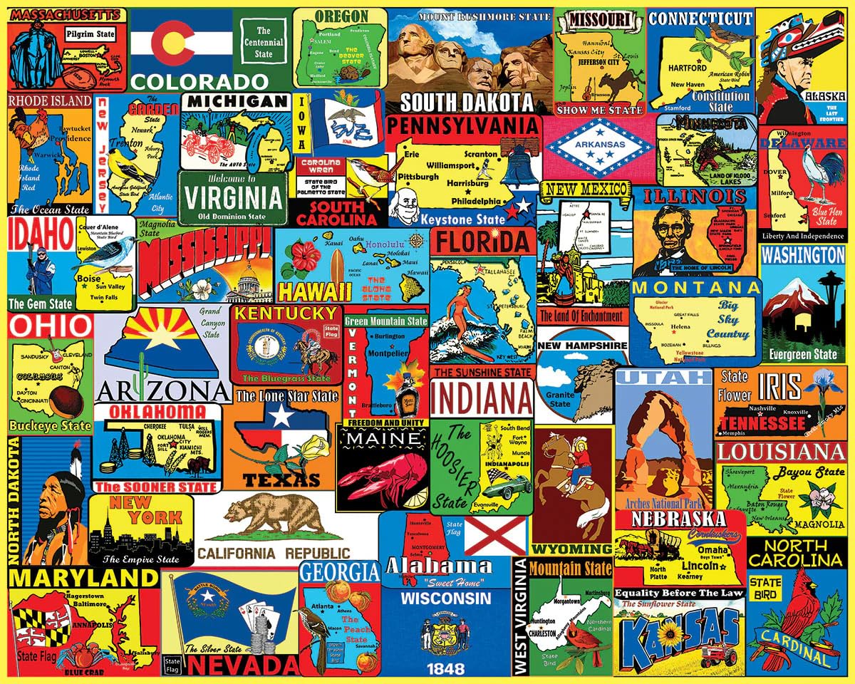White Mountain vintage states collage puzzle pieces for family time